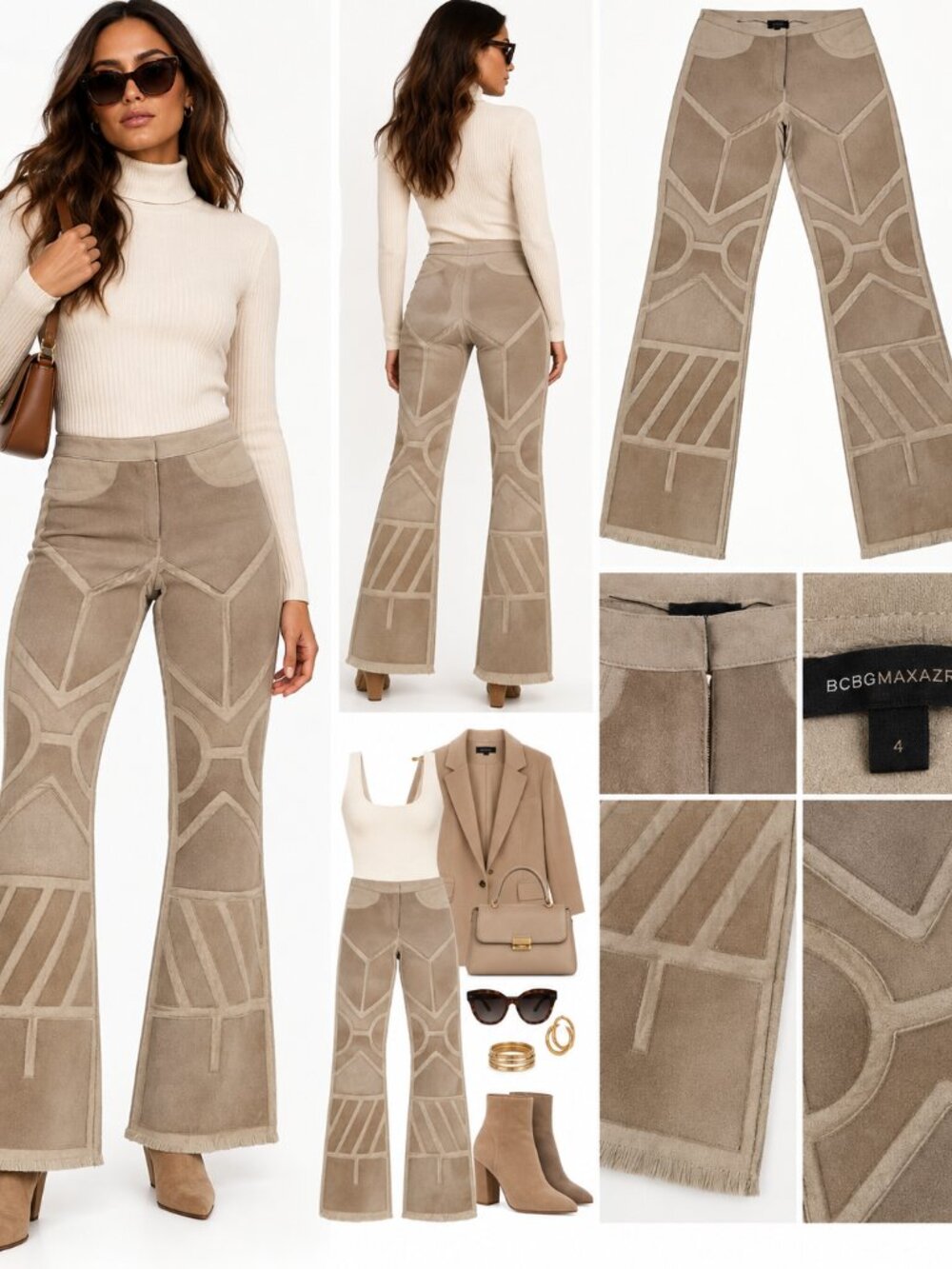 BCBG MaxAzria Collection Sz 2 Suede Geometric Flare Pants Boho Y2K Statement